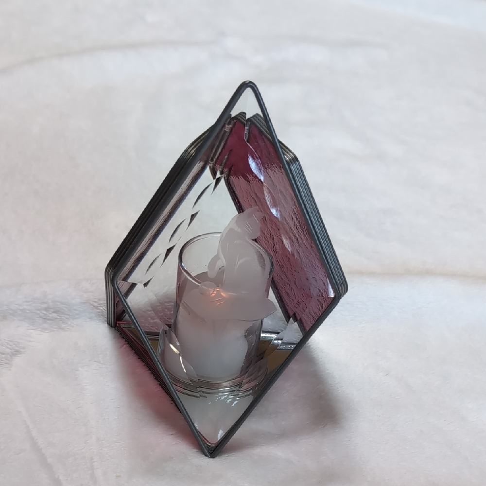 stained glass cat candle holder  geometric metal frosted cat etching